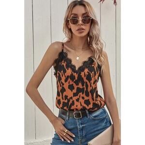 NWT Leopard Print Lace Trim Spaghetti Straps Cami Top - Small